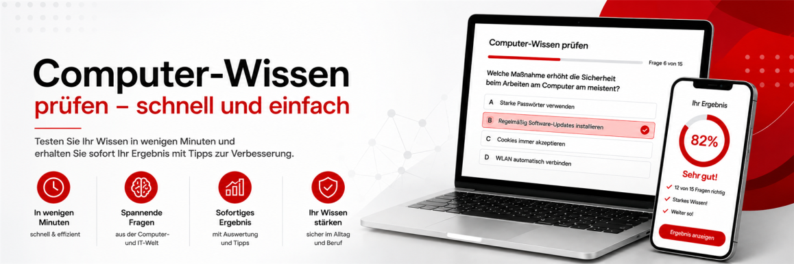 Banner zum Computer-Wissen-Check mit Laptop, Smartphone und Auswertung zu Windows, Office, Internet und IT-Grundlagen