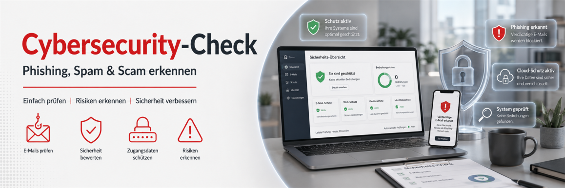Moderner Banner zum Cybersecurity-Check der Computer Communication AG mit Laptop, Smartphone und Sicherheitssymbolen zum Erkennen von Phishing, Spam und Scam.