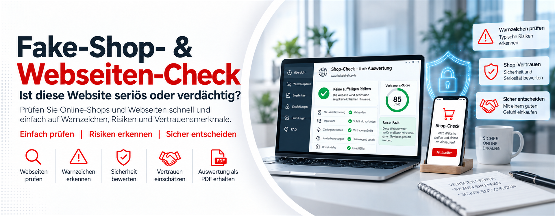 Fake-Shop- und Webseiten-Check der Computer Communication AG zum Prüfen von Warnzeichen, Risiken und Vertrauensmerkmalen