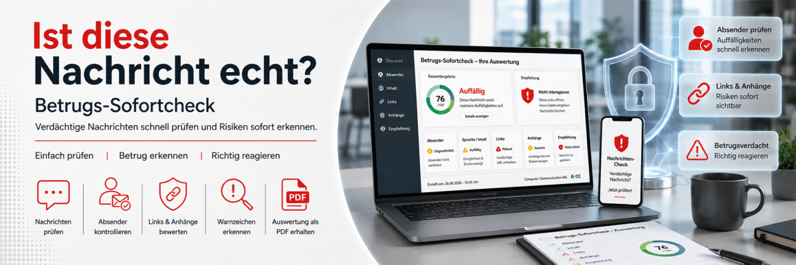 Banner zum Betrugs-Sofortcheck mit Laptop, Smartphone und Sicherheitsauswertung zur Prüfung verdächtiger Nachrichten, Absender, Links und Anhänge