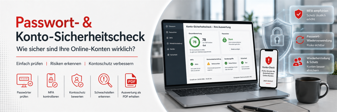 Banner für Passwort- und Konto-Sicherheitscheck mit Laptop, Smartphone, Sicherheitsauswertung und Hinweisen zu Passwortschutz, MFA und Kontosicherheit